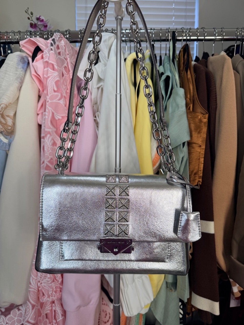 Michael Kors CECE MEDIUM Metallic Silver Shoulder/crossbody Bag with Chain Strap